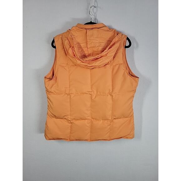 Talbots Down Puffer Vest Medium Orange Stowable Hood Quilted Zip Hiking Layering - Picture 7 of 14